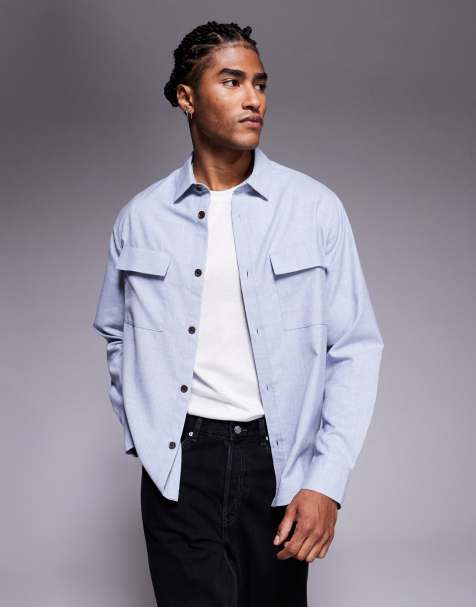 ASOS DESIGN - Blå overskjorte i flannel med børstet finish og påsyet lomme - view 1