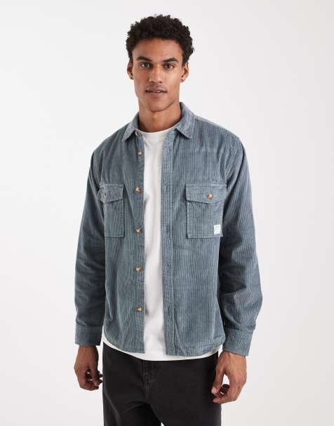 ASOS DESIGN - Blå overskjorte i jernbanefløjl med mærke - view 1