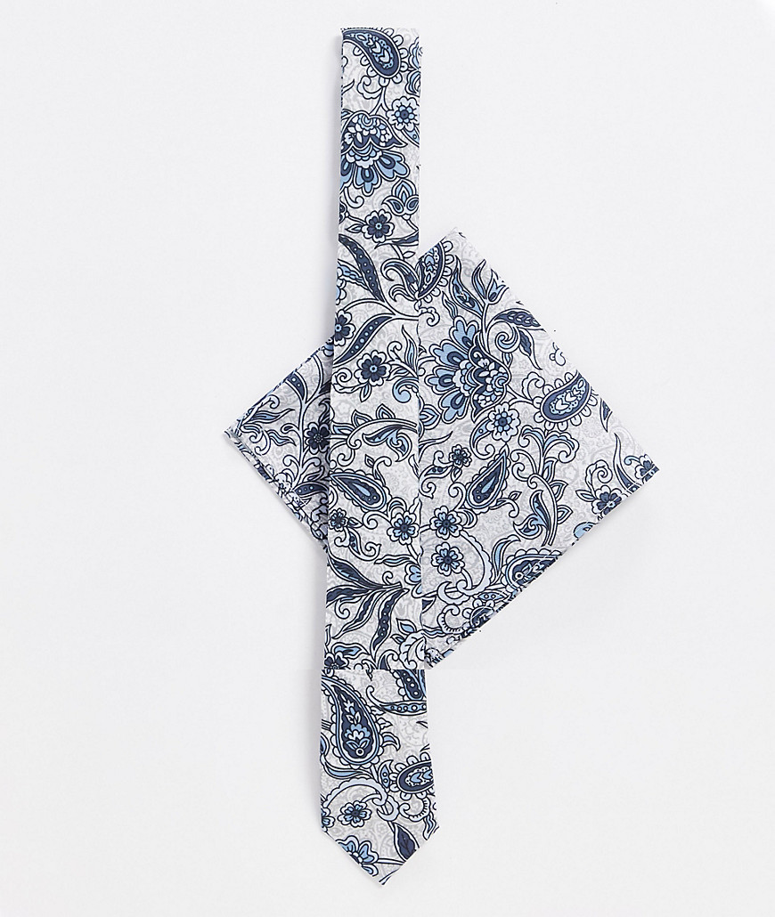 ASOS DESIGN – Blå paisleymönstrad smal slips och bröstnäsduk