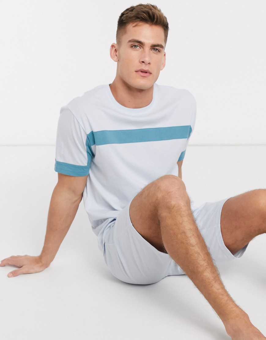 ASOS DESIGN – Blå panelsytt pyjamasset med t-shirt och shorts med stråveck