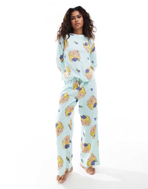 ASOS DESIGN – Blå, pannkaksmönstrad pyjamas med långärmad topp och byxor - view 1