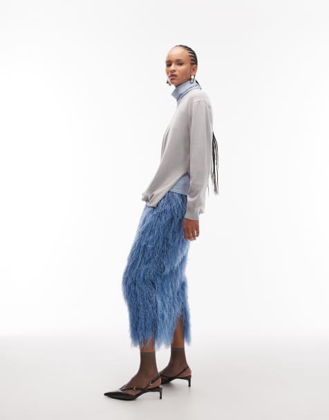 ASOS DESIGN - Blå pencil-midinederdel med 3D-frynser - view 1