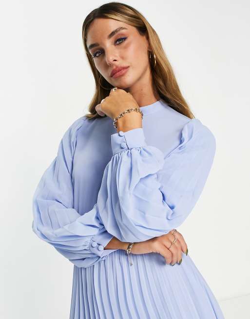 ASOS DESIGN – Blå, plisserad maxi-skaterklänning med hög ringning och långa ärmar, 3 av 4