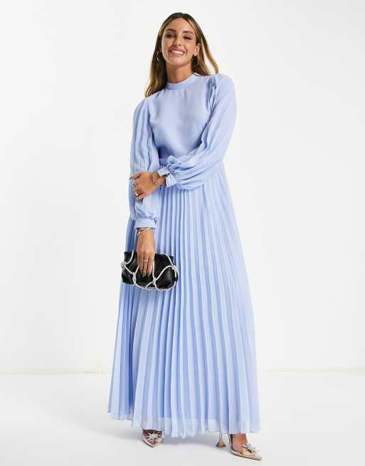 ASOS DESIGN – Blå, plisserad maxi-skaterklänning med hög ringning och långa ärmar, 4 av 4