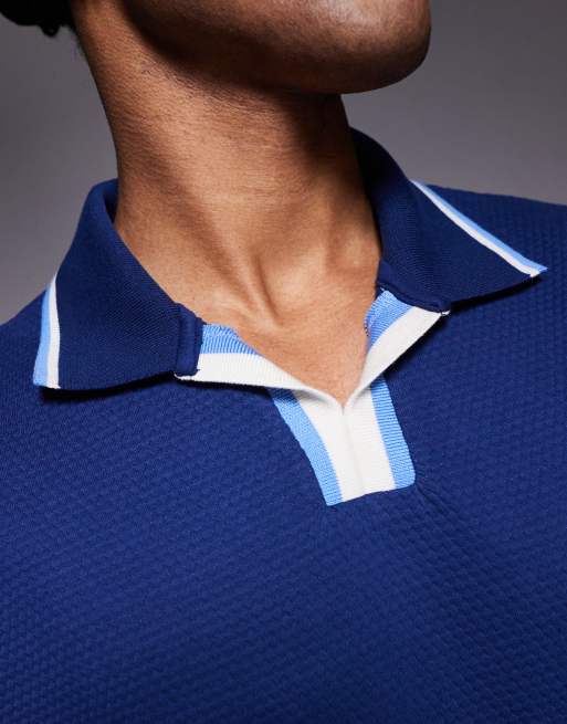 ASOS DESIGN - Blå polotrøje med tekstur og kontrasterende krave i afslappet pasform, 5 af 5