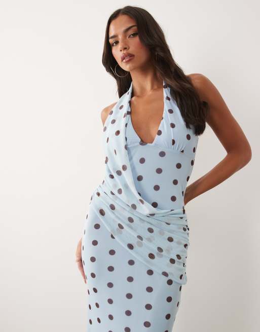 ASOS DESIGN – Blå, prickig maxiklänning i mesh med halterneck och draperad banddetalj, 4 av 4