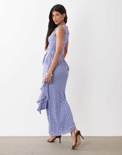 ASOS DESIGN – Blå, prickig maxiklänning i mesh med rysch och volangdetaljer, 4 av 4