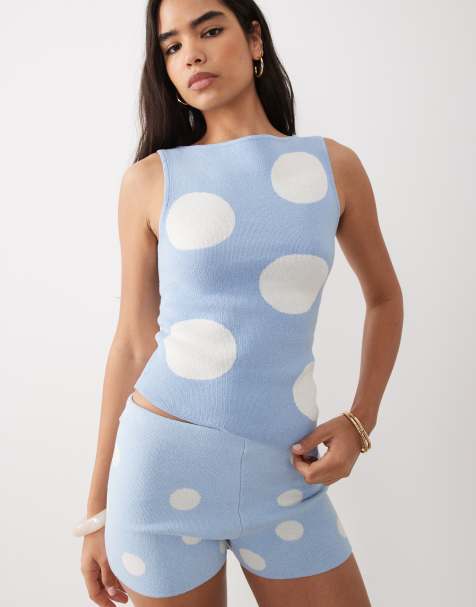 ASOS DESIGN – Blå, prickig, stickad topp med asymmetrisk design, del av set - view 1