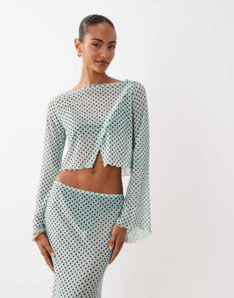 ASOS DESIGN – Blå, prickig topp i mesh med utställda ärmar och knäppning, del av set - view 1
