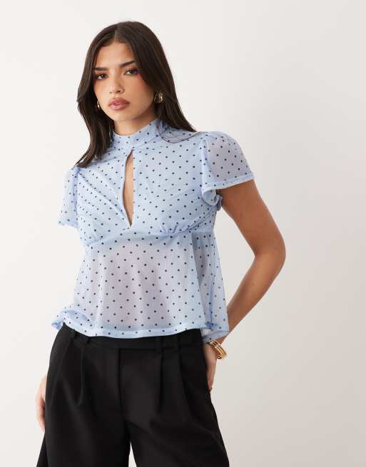 ASOS DESIGN – Blå, prickig topp i mesh med volym, utsvängda ärmar och knytning baktill, 4 av 4