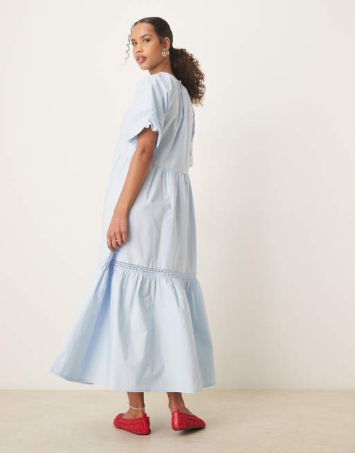 ASOS DESIGN - Blå prærie-maxikjole med rund hals, pufærmer og blondedetaljer, 3 af 4