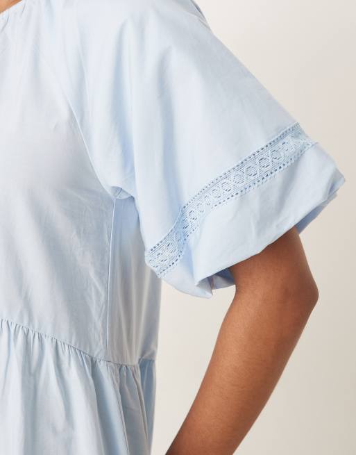 ASOS DESIGN - Blå prærie-maxikjole med rund hals, pufærmer og blondedetaljer, 4 af 4