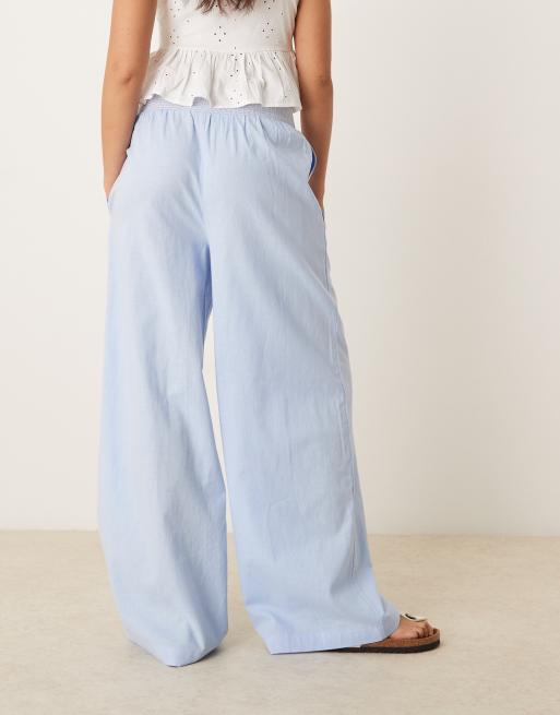 ASOS DESIGN - Blå pull-on-bukser med vide ben og kontrasterende talje med rynker i hørblanding, 2 af 5