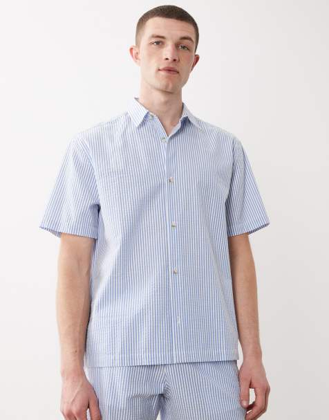 ASOS DESIGN – Blå, randig, avslappnad skjorta i bäckebölja, del av set - view 1