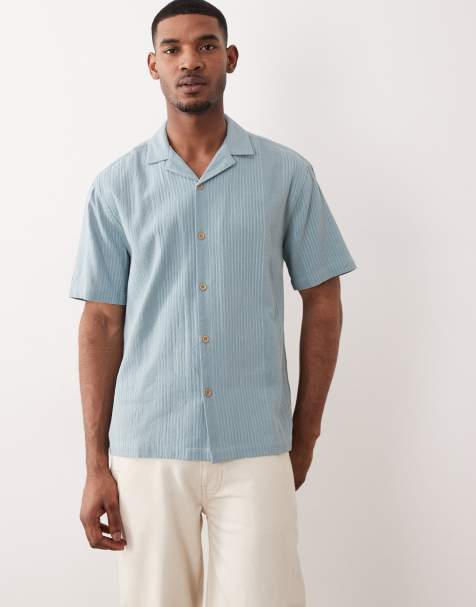 ASOS DESIGN – Blå, randig, avslappnad skjorta i jacquard med platt krage - view 1