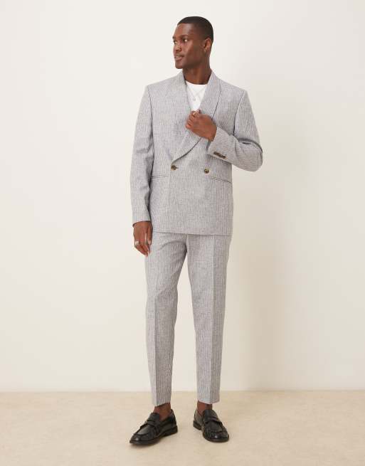 ASOS DESIGN – Blå, randig, dubbelknäppt kavaj i linnemix och regular fit, del av kostym, 2 av 5