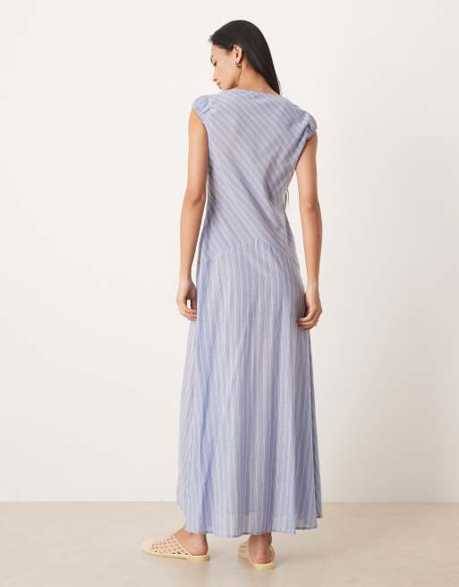 ASOS DESIGN – Blå, randig midiklänning med sänkt midja och rynkade holkärmar, 4 av 4