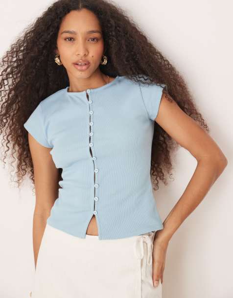 ASOS DESIGN – Blå, ribbad topp med korta ärmar och knäppning - view 1