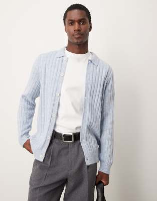 ASOS DESIGN - Blå ribstrikket cardigan med krave i standard fit - view 1