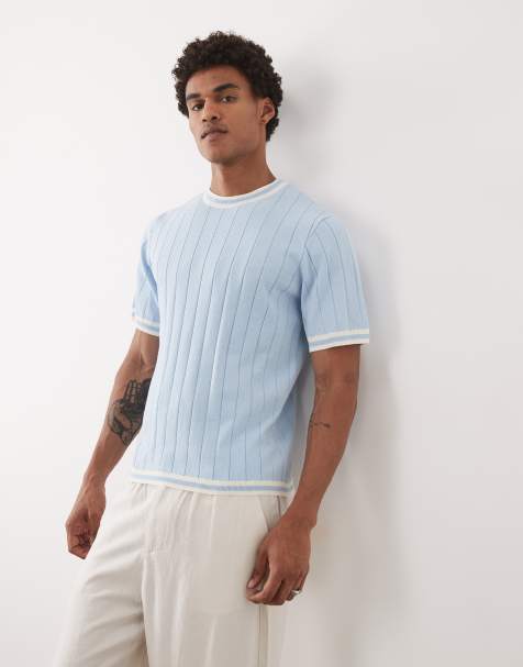 ASOS DESIGN - Blå ribstrikket T-shirt med hvide kantdetaljer - view 1