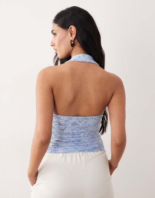 ASOS DESIGN – Blå, rynkad topp i devoré med halterneck, 4 av 4