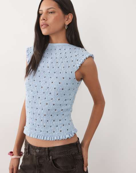 ASOS DESIGN - Blå rynket top i strik med polkaprikker - view 1