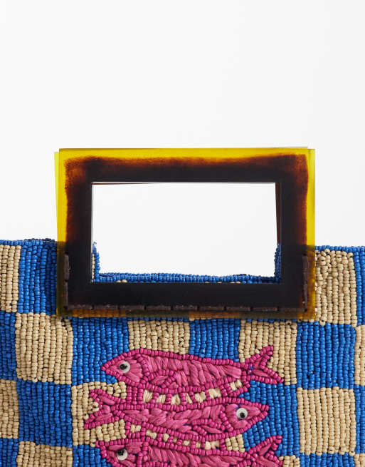 ASOS DESIGN – Blå, schackrutig kuvertväska med pärlor och handtag i harts, 3 av 5