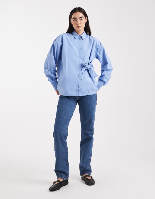 ASOS DESIGN – Blå skjorta i oversize med indragen detalj och rosett, 2 av 4