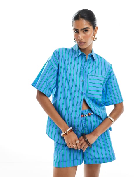 ASOS DESIGN - Blå skjorte med grønne striber i firkantet pasform - Del af sæt - view 1