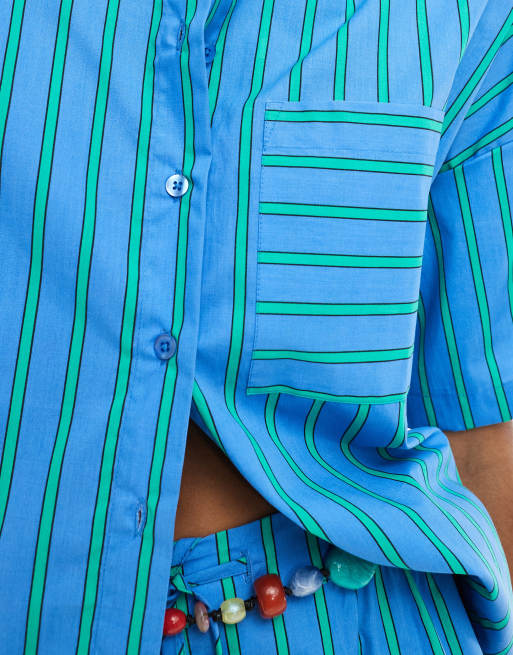 ASOS DESIGN - Blå skjorte med grønne striber i firkantet pasform - Del af sæt, 3 af 4