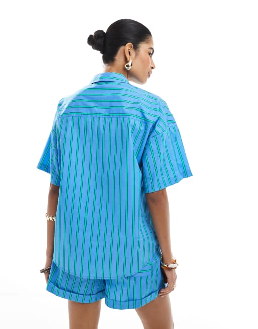 ASOS DESIGN - Blå skjorte med grønne striber i firkantet pasform - Del af sæt, 4 af 4