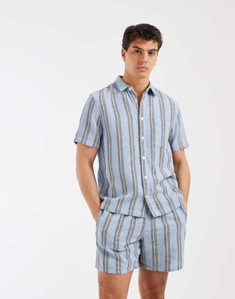 ASOS DESIGN - Blå skjorte med tekstur og striber i regular fit - Del af sæt - view 1