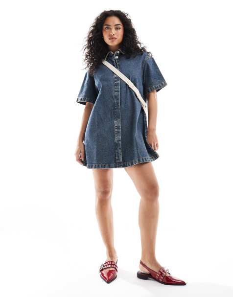 ASOS DESIGN - Blå skjortekjole med korte ærmer i denim med tonet finish - view 1