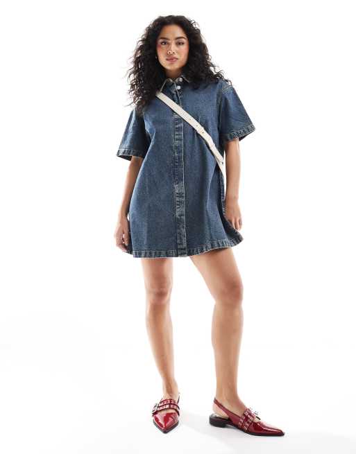 ASOS DESIGN - Blå skjortekjole med korte ærmer i denim med tonet finish