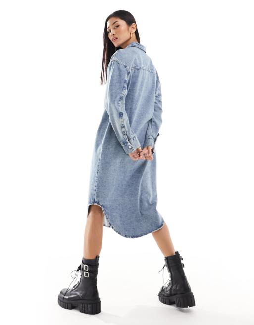 ASOS DESIGN – Blå skjortklänning av denim i maxilängd med fickor framtill, 4 av 4