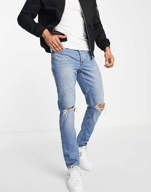 ASOS DESIGN - Blå slim-jeans i vintage mid wash med flænger på knæet