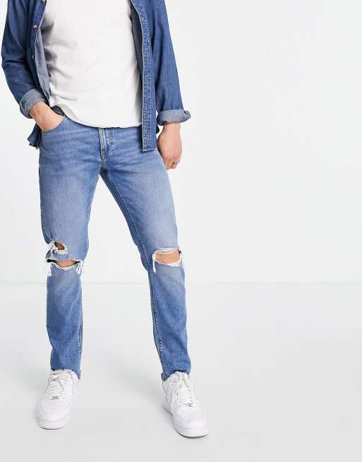 ASOS DESIGN - Blå slim-jeans med huller på knæet og rå kanter, 2 af 4