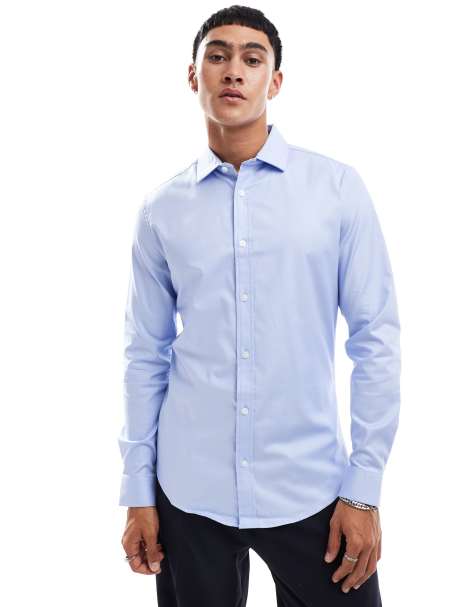 ASOS DESIGN - Blå, smal og strygelet skjorte med cutaway-krave - view 1