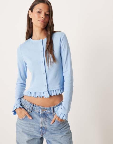 ASOS DESIGN – Blå, smalribbad topp med knäppning och volang vid nederkanten - view 1