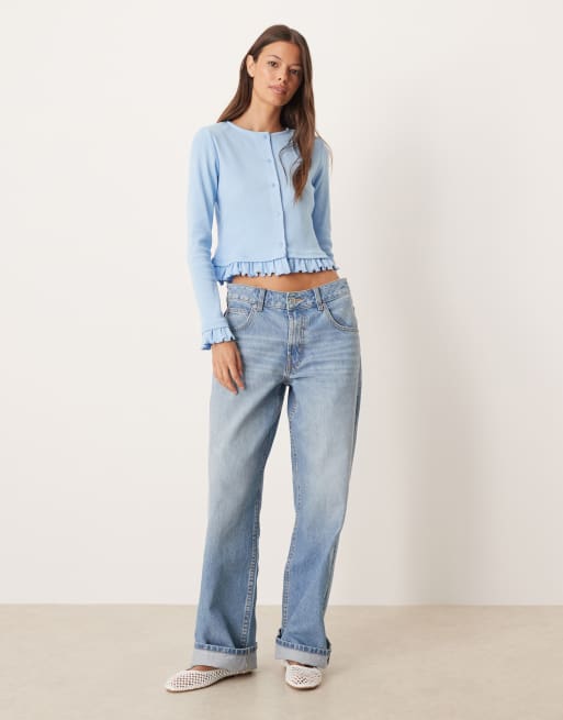 ASOS DESIGN – Blå, smalribbad topp med knäppning och volang vid nederkanten, 3 av 4