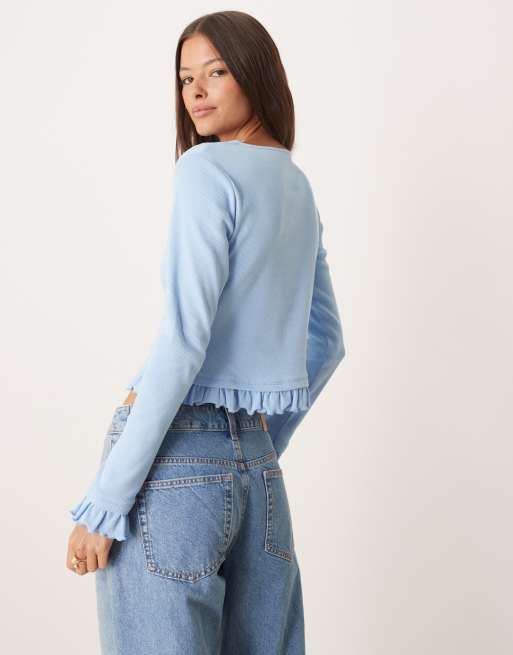 ASOS DESIGN – Blå, smalribbad topp med knäppning och volang vid nederkanten, 4 av 4