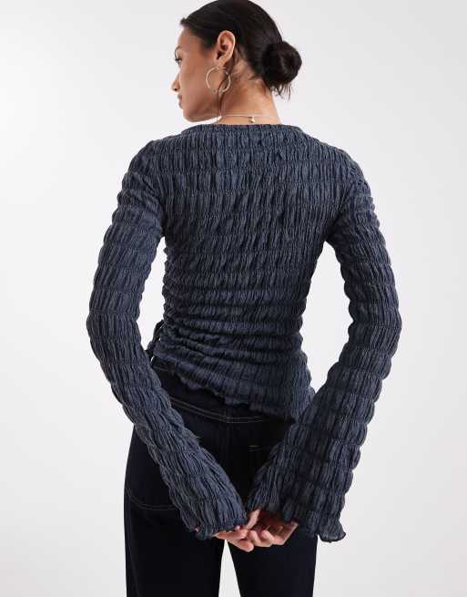 ASOS DESIGN – Blå, stentvättad topp med textur, dragsko, långa ärmar och båtringning, 4 av 4