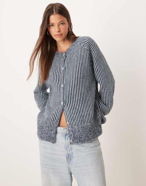 ASOS DESIGN – Blå, stickad kofta med raglanärmar och tvåtonad design - view 1