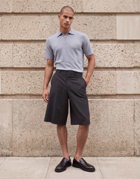 ASOS DESIGN – Blå, stickad pikétröja i merinoull med korta ärmar och kort dragkedja - view 1