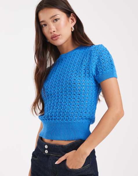 ASOS DESIGN – Blå, stickad t-shirt i mesh - view 1