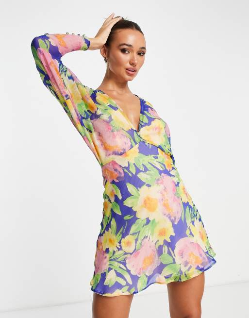 ASOS DESIGN – Blå, storblommig miniklänning med pingvinärmar, 4 av 4