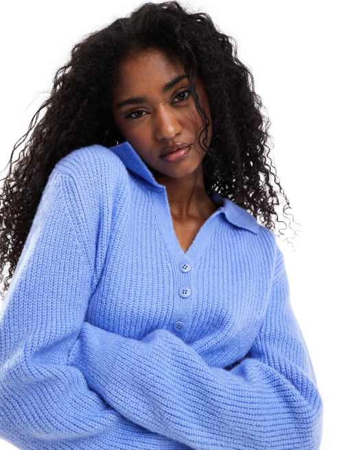 ASOS DESIGN - Blå strikket poloskjorte med kravedetalje