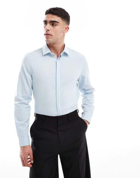 ASOS DESIGN – Blå, strukturerad, regular finskjorta med dolda knappar - view 1