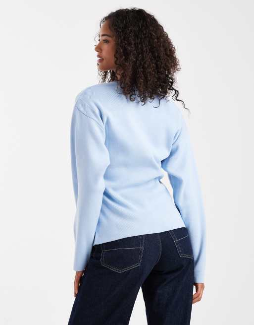 ASOS DESIGN – Blå, strukturstickad kofta med rund halsringning och guldfärgade knappar, 2 av 4