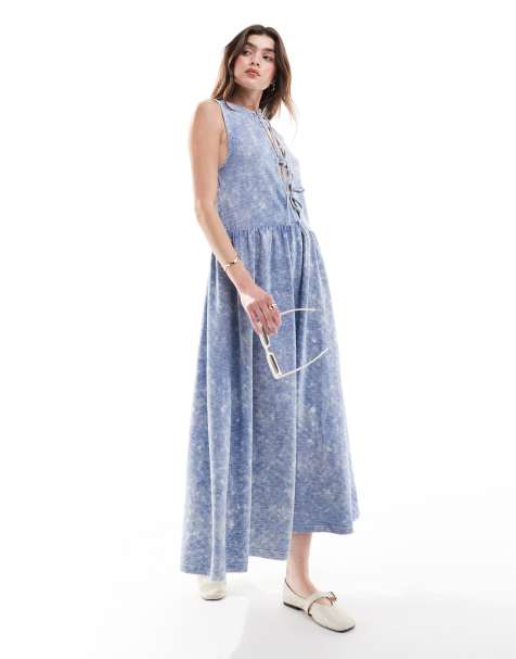 ASOS DESIGN - Blå syrevasket midikjole med frontbinding og print - view 1
